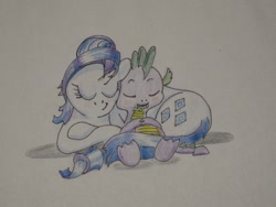 Size: 1120x840 | Tagged: safe, artist:hillbe, imported from derpibooru, rarity, spike, female, male, newbie artist training grounds, shipping, sleeping, snuggling, sparity, straight, traditional art
