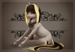 Size: 1950x1350 | Tagged: safe, artist:toffi, edit, editor:linos, imported from derpibooru, oc, oc only, earth pony, pony, blonde, brown hair, clothes, gray, hooves, looking at you, multicolored hair, ornament, scarf, sitting, solo, yellow eyes, yin-yang