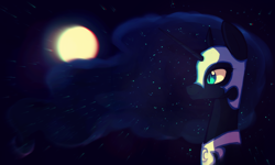 Size: 1024x614 | Tagged: safe, artist:mirtash, imported from derpibooru, nightmare moon, alicorn, pony, bust, chromatic aberration, female, jewelry, mare, moon, night, portrait, profile, rcf community, regalia, sky, smiling, solo, stars