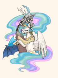 Size: 1737x2331 | Tagged: safe, artist:elcydog, imported from derpibooru, discord, princess celestia, dislestia, eyes closed, female, hug, male, shipping, simple background, spread wings, straight