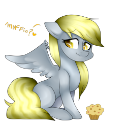 Size: 2500x2500 | Tagged: safe, artist:thecreativerey, imported from derpibooru, derpy hooves, pegasus, pony, female, floppy ears, food, mare, muffin, simple background, sitting, solo, spread wings, transparent background