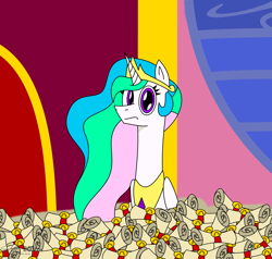 Size: 4500x4285 | Tagged: safe, artist:derpanater, imported from derpibooru, princess celestia, 28 pranks later, absurd resolution, big ol' pile o' scrolls, confused, flat stare, funny, looking at you, scene interpretation, scroll, straight face