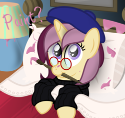 Size: 3193x3000 | Tagged: safe, artist:sollace, imported from derpibooru, oc, oc only, oc:lannie lona, pony, beatnik, bed, beret, clothes, glasses, looking at you, on back, paint, paintbrush, show accurate, solo, sweater, turtleneck