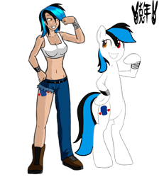 Size: 1200x1300 | Tagged: safe, artist:usagifriday, imported from derpibooru, oc, oc only, human, pony, belly button, bipedal, duo, human ponidox, humanized, midriff