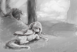 Size: 1787x1200 | Tagged: safe, artist:cuttledreams, imported from derpibooru, fluttershy, atg 2016, eyes closed, female, folded wings, forest, grayscale, lying down, monochrome, newbie artist training grounds, prone, solo