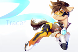 Size: 1500x1000 | Tagged: safe, artist:rocy canvas, imported from derpibooru, earth pony, pony, crossover, goggles, overwatch, ponified, solo, tracer