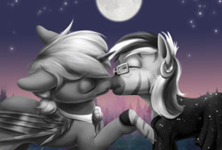 Size: 1354x916 | Tagged: safe, artist:stasushka, imported from derpibooru, oc, oc only, oc:beakbreaker, oc:silverspeak, alicorn, pony, zebra, fanfic art, female, glasses, kissing, male, moon, oc x oc, shipping, straight