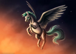 Size: 1280x905 | Tagged: safe, artist:naira, imported from derpibooru, oc, oc only, oc:whirring cogs, pegasus, pony, flying, green eyes, green hair, solo, spread wings, sunset, twilight (astronomy), wings