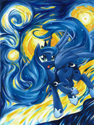 Size: 800x1064 | Tagged: safe, artist:muffyn-man, imported from derpibooru, princess luna, alicorn, pony, female, fine art parody, mare, open mouth, solo, starry night, the starry night, traditional art