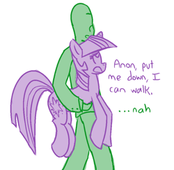 Size: 832x815 | Tagged: safe, artist:visiti, imported from derpibooru, twilight sparkle, oc, oc:anon, human, pony, unicorn, annoyed, carrying, confused, cute, dialogue, female, frown, holding a pony, mare, open mouth, simple background, slice of life, unamused, unicorn twilight, white background