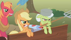 Size: 1280x720 | Tagged: safe, imported from derpibooru, screencap, applejack, big macintosh, granny smith, earth pony, pony, swarm of the century, angry, flyswatter, helmet, male, mouth hold, pesticide, pitchfork, stallion, trio, wagon