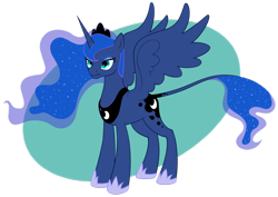 Size: 1024x727 | Tagged: safe, artist:petalierre, imported from derpibooru, princess luna, alicorn, classical unicorn, pony, female, frown, leonine tail, lidded eyes, mare, solo, spread wings