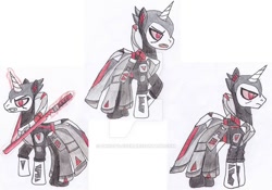 Size: 800x560 | Tagged: safe, artist:ghost1lover, imported from derpibooru, unicorn, battleborn, ponified, poses, rath, rath (battleborn), simple background, solo, sword, traditional art, watermark, weapon, white background