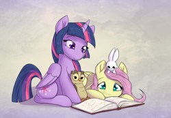 Size: 1736x1198 | Tagged: safe, artist:alasou, imported from derpibooru, angel bunny, fluttershy, owlowiscious, twilight sparkle, alicorn, pony, book, cute, photo, print, prone, reading, shyabetes, twiabetes, twilight sparkle (alicorn)