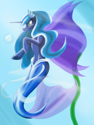 Size: 768x1024 | Tagged: safe, imported from derpibooru, princess luna, alicorn, merpony, pony, seapony (g4), blue mane, bubble, colored, crepuscular rays, digital art, eyelashes, female, fin wings, fins, fish tail, flowing mane, flowing tail, green eyes, horn, mare, mermaid tail, mermaidized, ocean, seaponified, seapony luna, solo, species swap, sunlight, swimming, tail, underwater, water, wings