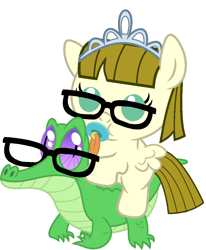 Size: 836x1017 | Tagged: safe, artist:red4567, imported from derpibooru, gummy, zippoorwhill, pegasus, pony, baby, baby pony, cute, glasses, pacifier, ponies riding gators, riding, weapons-grade cute, zippoorbetes, zippoorwhill riding gummy