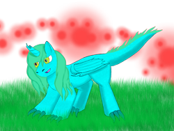 Size: 2592x1944 | Tagged: safe, artist:coolcatcool, imported from derpibooru, oc, oc only, alicorn, dracony, dragon, hybrid, pony, alicorn oc, broken horn, dragon hybrid, grass, lidded eyes, open mouth, red, smiling, solo