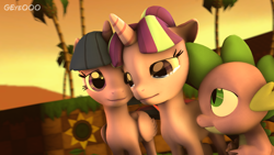 Size: 1920x1080 | Tagged: safe, artist:goldeneye000, imported from derpibooru, spike, starlight glimmer, twilight sparkle, alicorn, pony, 3d, flower, signature, source filmmaker, teary eyes, tree, twilight sparkle (alicorn)