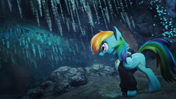 Size: 2048x1152 | Tagged: safe, artist:stormyscratch, imported from derpibooru, rainbow dash, 3d, cave, clothes, epic, female, shirt, solo, source filmmaker, stalagmite