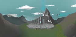 Size: 1400x688 | Tagged: safe, artist:php49, derpibooru exclusive, imported from derpibooru, canterlot, car, city, future, mountain, no pony, science fiction, signature, skyscraper