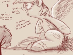Size: 1280x960 | Tagged: safe, artist:ncmares, imported from derpibooru, rainbow dash, spitfire, pony, newbie dash, big-pon, bleachers, clothes, destruction, dialogue, giant pony, implied fleetfoot, macro, monochrome, open mouth, rainbow crash, sketch, wonderbolts uniform