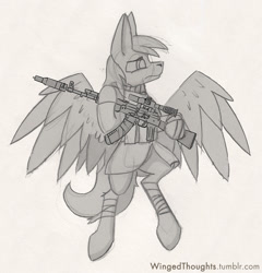 Size: 1038x1080 | Tagged: safe, artist:php122, artist:wingedthoughts, imported from derpibooru, oc, oc only, oc:rack redstar, ak-47, assault rifle, bandage, clothes, flying, gun, rifle, scope, serious, serious face, solo, spread wings, staker, weapon