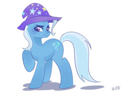 Size: 1280x969 | Tagged: safe, artist:felczipony, imported from derpibooru, trixie, pony, unicorn, female, mare, signature, simple background, smiling, solo