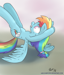 Size: 720x840 | Tagged: safe, artist:halflingpony, imported from derpibooru, rainbow dash, anatomically incorrect, exercise, female, incorrect leg anatomy, solo, sweat, training, wing-ups