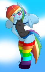 Size: 1024x1652 | Tagged: safe, artist:inkytentaclemonster, imported from derpibooru, rainbow dash, anthro, unguligrade anthro, belly button, bra strap, breasts, clothes, cute, cutie mark, dashabetes, delicious flat chest, female, hips, rainbow socks, shirt, shorts, smirk, socks, solo, stockings, striped socks, thigh highs, wingding eyes