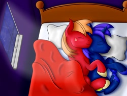 Size: 1280x960 | Tagged: safe, artist:inlustriusghost, imported from derpibooru, big macintosh, oc, oc:bright sight, pony, unicorn, bed, blanket, canon x oc, cuddling, eyes closed, gay, happy, love, male, shipping, sleeping, snuggling, spooning, stars, window