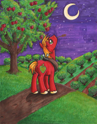 Size: 1515x1920 | Tagged: safe, artist:catscratchpaper, imported from derpibooru, big macintosh, earth pony, pony, male, night, orchard, solo, stallion