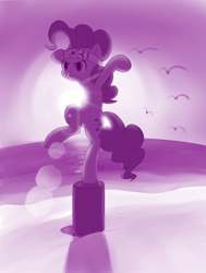 Size: 754x1000 | Tagged: safe, artist:dstears, imported from derpibooru, pinkie pie, beach, concentrating, crossover, female, headband, karate kid, kung fu, log, martial arts, monochrome, parody, solo, standing, standing on one leg, sunset, training