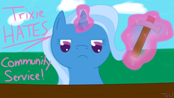 Size: 1600x900 | Tagged: safe, artist:tyrannisumbra, imported from derpibooru, trixie, pony, unicorn, community service, female, fence, hammer, mare, solo, text