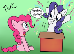 Size: 1280x939 | Tagged: safe, artist:tellytoon, artist:tellywebcartoons, imported from derpibooru, pinkie pie, rarity, earth pony, pony, unicorn, 30 minute art challenge, alternate hairstyle, behaving like pinkie pie, darling, mane swap, personality swap