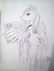 Size: 1280x1681 | Tagged: safe, artist:php64, imported from derpibooru, oc, oc only, pegasus, pony, book, looking at you, monochrome, solo, traditional art