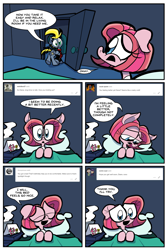 Size: 1280x1920 | Tagged: safe, artist:joeywaggoner, imported from derpibooru, oc, oc only, oc:spotlight, the clone that got away, bed, comic, diane, pinkie clone