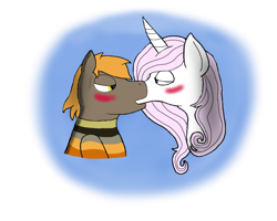 Size: 1280x1024 | Tagged: safe, imported from derpibooru, fleur-de-lis, oc, oc:umber, earth pony, pony, unicorn, blushing, canon x oc, female, kiss on the lips, kissing, male, shipping, straight