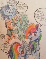 Size: 2267x2886 | Tagged: safe, artist:snowfoxythefox, imported from derpibooru, quibble pants, rainbow dash, soarin', zephyr breeze, pony, stranger than fan fiction, angry, annoyed, colored pencil drawing, colored sketch, eyeroll, female, fight, male, quibbledash, rainbow dash gets all the stallions, shipping, shipping fuel, shipping war, soarindash, speech bubble, straight, traditional art, zephdash