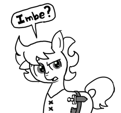 Size: 640x600 | Tagged: safe, artist:ficficponyfic, imported from derpibooru, oc, oc only, oc:ruby rouge, earth pony, pony, colt quest, belt, child, clothes, confused, female, filly, foal, knife, monochrome, question mark, solo focus, story included, talking, text, tomboy