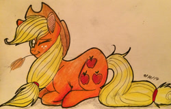 Size: 1024x655 | Tagged: safe, artist:snowfoxythefox, imported from derpibooru, applejack, colored pencil drawing, colored sketch, female, hat, hay bale, lying down, one eye closed, smiling, solo, traditional art, wink