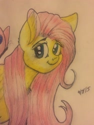 Size: 3264x2448 | Tagged: safe, artist:snowfoxythefox, imported from derpibooru, fluttershy, butterfly, chest fluff, colored, colored pencil drawing, colored sketch, cute, ear fluff, smiling, traditional art