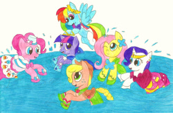 Size: 1024x669 | Tagged: safe, artist:outthereotaku, imported from derpibooru, applejack, fluttershy, pinkie pie, rainbow dash, rarity, twilight sparkle, clothes, cute, dress, gala dress, mane six, playing, splash, water