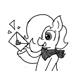 Size: 640x600 | Tagged: safe, artist:ficficponyfic, imported from derpibooru, oc, oc only, oc:emerald jewel, earth pony, pony, colt quest, bandana, child, colt, cute, foal, hair over one eye, happy, heart, letter, male, monochrome, smiling, solo focus, story included