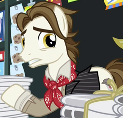 Size: 1000x958 | Tagged: safe, imported from derpibooru, screencap, news flash, earth pony, pony, made in manehattan, background pony, cropped, jack kelly, male, newsies, newspaper pony, stallion