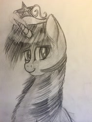 Size: 3264x2448 | Tagged: safe, artist:snowfoxythefox, imported from derpibooru, twilight sparkle, alicorn, pony, bust, crown, element of magic, grayscale, jewelry, monochrome, pencil, pencil drawing, regalia, smiling, traditional art, twilight sparkle (alicorn)