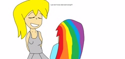 Size: 2476x1176 | Tagged: safe, artist:my little brony friend, imported from derpibooru, derpy hooves, rainbow dash, human, 1000 hours in ms paint, dialogue, female, humanized, ms paint, scene interpretation, simple background, white background