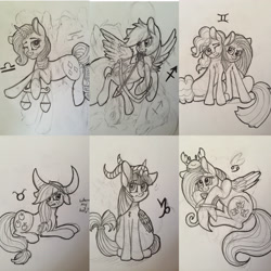 Size: 3072x3072 | Tagged: safe, artist:snowfoxythefox, imported from derpibooru, applejack, fluttershy, pinkie pie, rainbow dash, rarity, twilight sparkle, alicorn, crab, earth pony, fish, pegasus, pony, unicorn, arrow, black and white, bow (weapon), bow and arrow, cancer (horoscope), capricorn, female, gemini, grayscale, horns, horoscope, libra, mane six, mare, marker drawing, monochrome, pencil, pencil drawing, sagittarius, sketch, taurus, traditional art, twilight sparkle (alicorn), weapon, zodiac