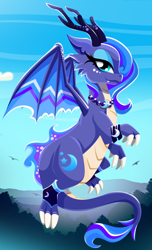 Size: 1056x1732 | Tagged: safe, artist:unicornsmile, imported from derpibooru, princess luna, dragon, dragoness, dragonified, fangs, female, looking at you, lunadragon, solo, species swap