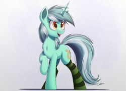 Size: 2000x1441 | Tagged: safe, artist:ncmares, imported from derpibooru, lyra heartstrings, pony, unicorn, chest fluff, clothes, cute, female, lyrabetes, mare, open mouth, raised hoof, smiling, socks, solo, striped socks