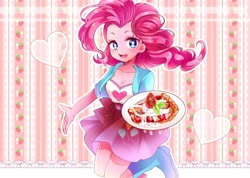 Size: 2000x1424 | Tagged: safe, artist:weiliy, imported from derpibooru, pinkie pie, equestria girls, anime eyes, anime style, balloon, blushing, boots, breasts, cleavage, clothes, cute, diapinkes, female, food, heart, high heel boots, pie, skirt, solo, strawberry